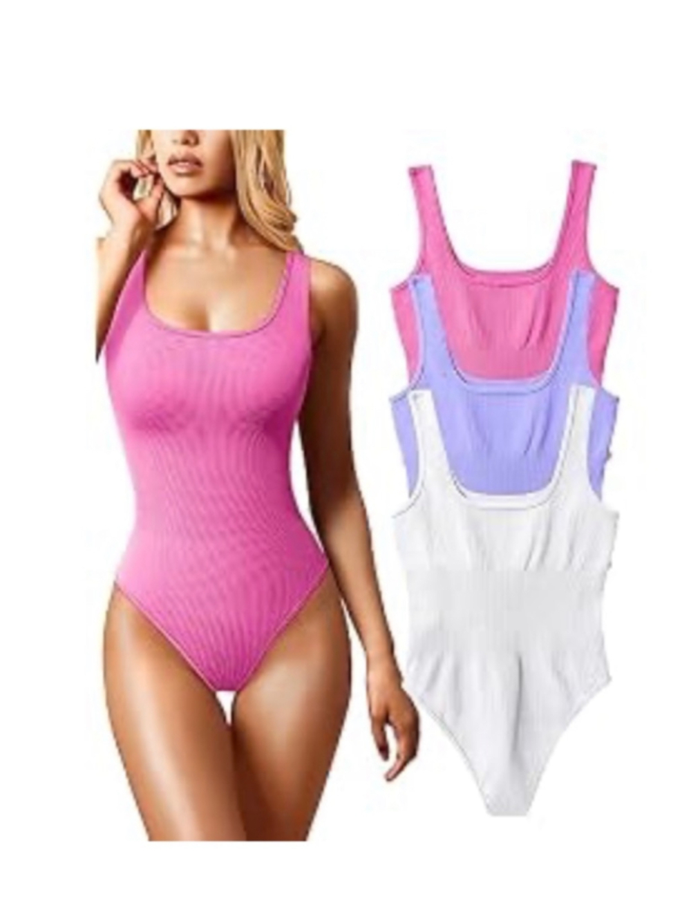OQQ Women's 3 Piece Bodysuits Sexy Ribbed Bodysuit Set Size S Purple Pink White - Picture 2 of 4